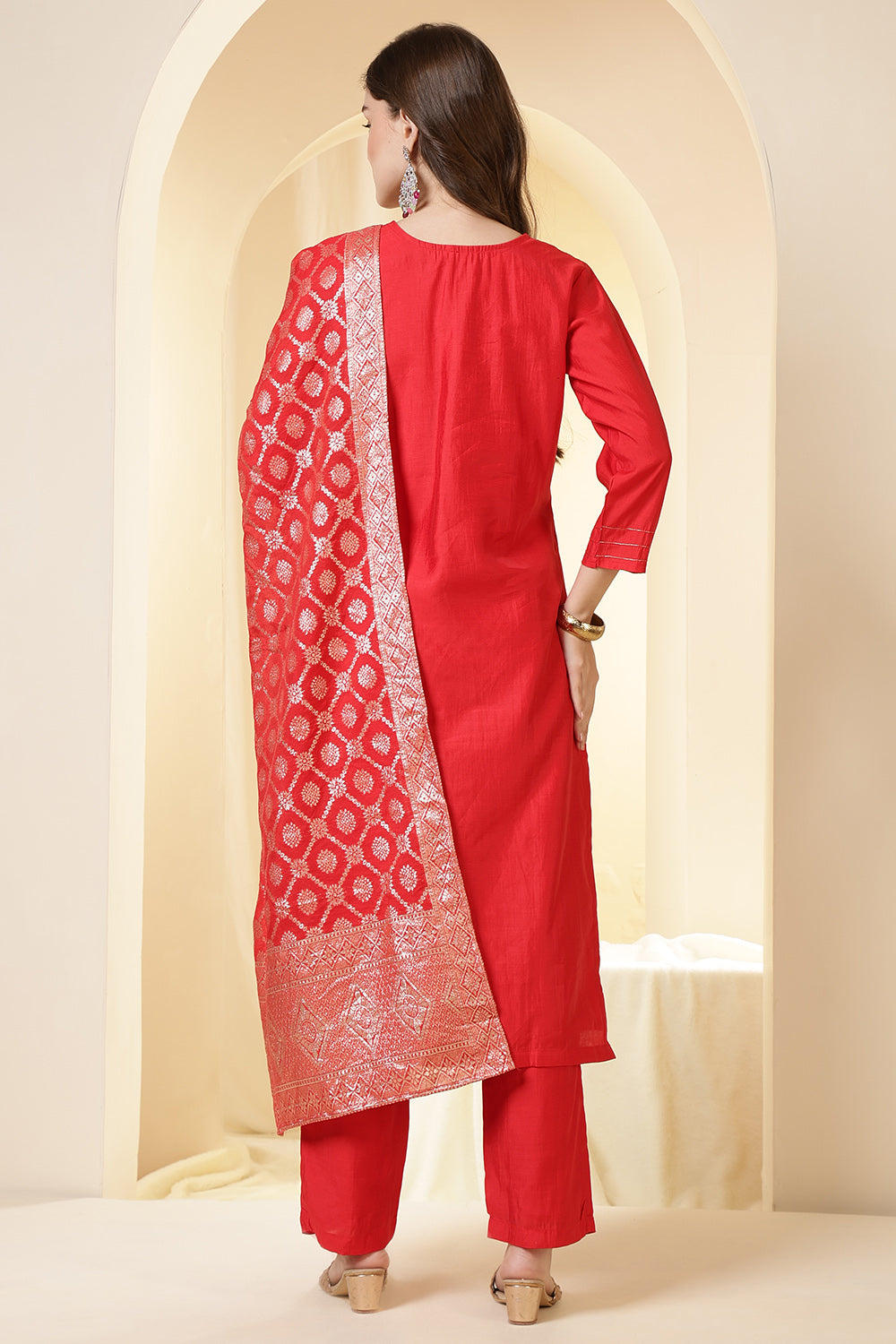 Red Color Silk Neck Embroidered Suit Set