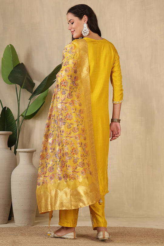 Mustard Neck Embroidered Silk Suit