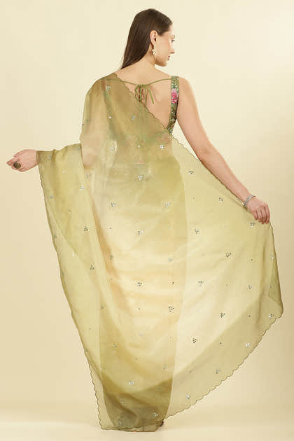 Ombre Olive Green Organza Saree With Mirror Work