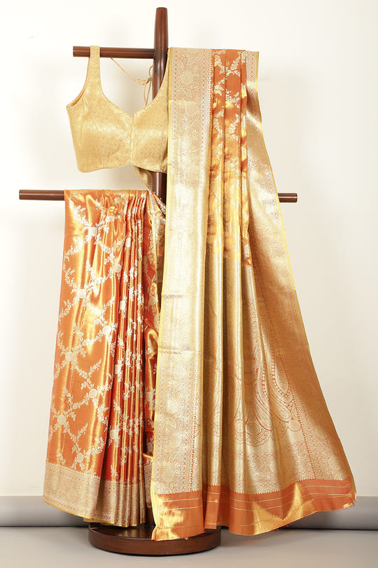 Red & Gold Dual Toned Silk Woven Banarsi Saree