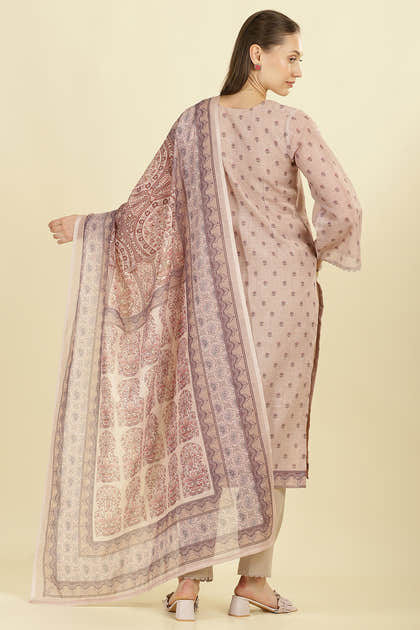 Beige Cotton Floral Printed And Neck-EmborideredUnstitched Suit Material