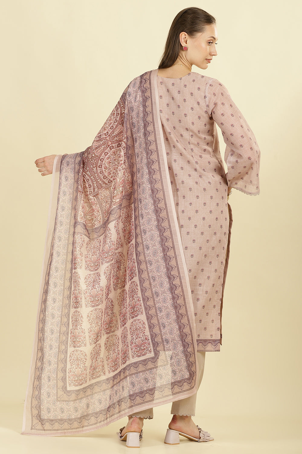 Beige Cotton Floral Printed And Neck-EmborideredUnstitched Suit Material