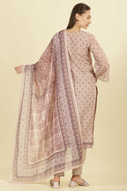 Beige Cotton Floral Printed And Neck-EmborideredUnstitched Suit Material