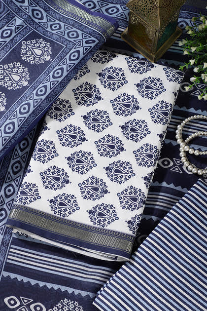 Blue And White Cotton Zari Border & Floral Block Print Unstitched Suit Material