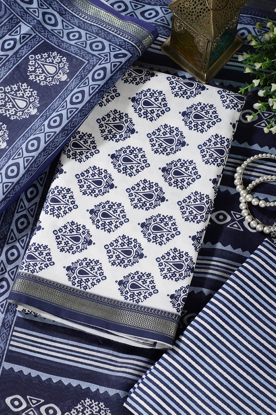 Blue And White Cotton Zari Border & Floral Block Print Unstitched Suit Material