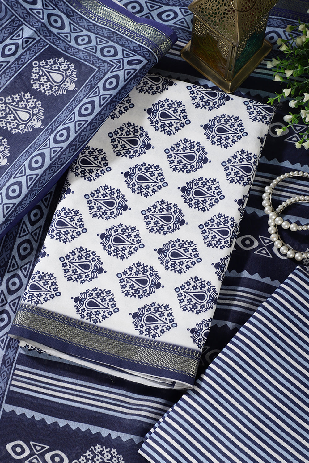 Blue And White Cotton Zari Border & Floral Block Print Unstitched Suit Material