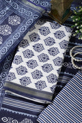 Blue And White Cotton Zari Border & Floral Block Print Unstitched Suit Material