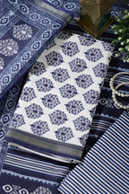 Blue And White Cotton Zari Border & Floral Block Print Unstitched Suit Material