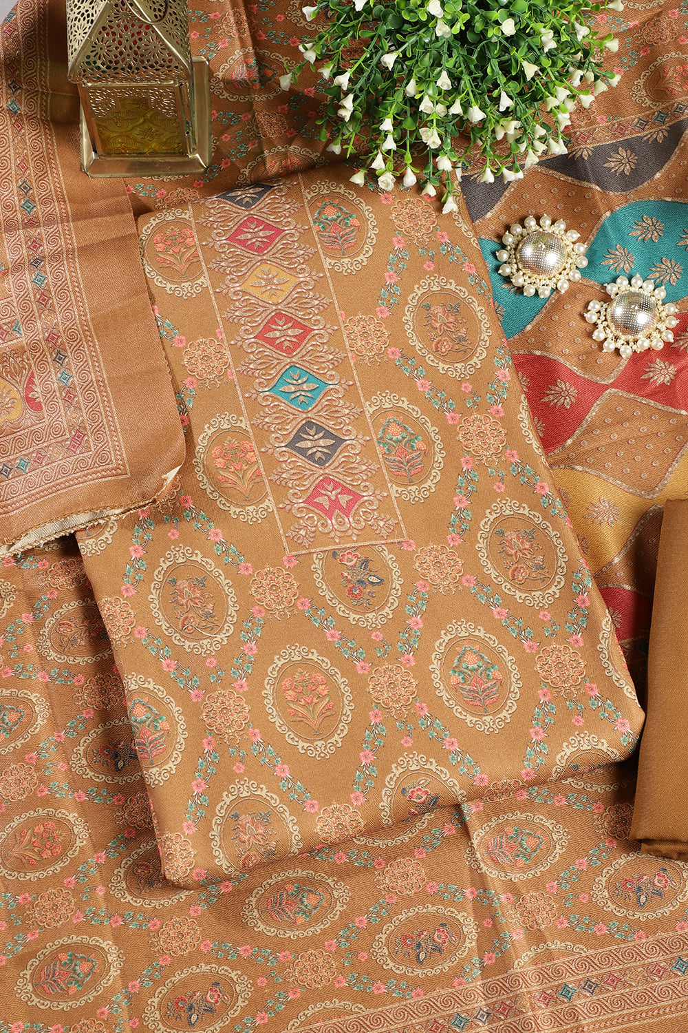 Mustard Pashmina Digital Printed Unstitched Suit Material