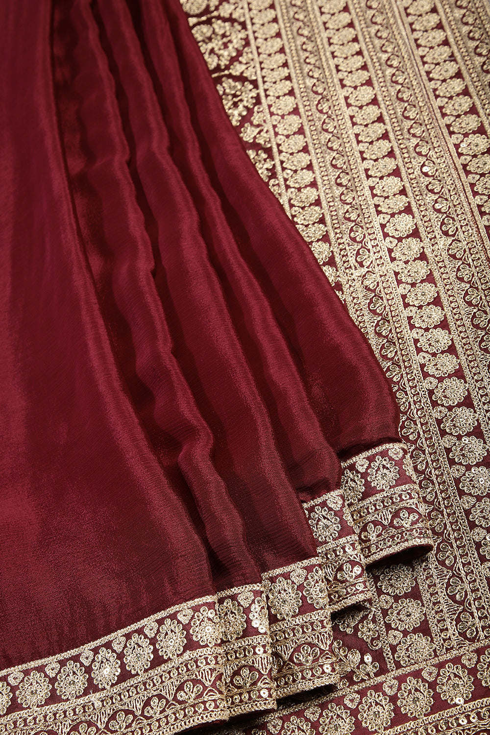 Dark Scarlet Color Crepe Zari Embroidered Saree