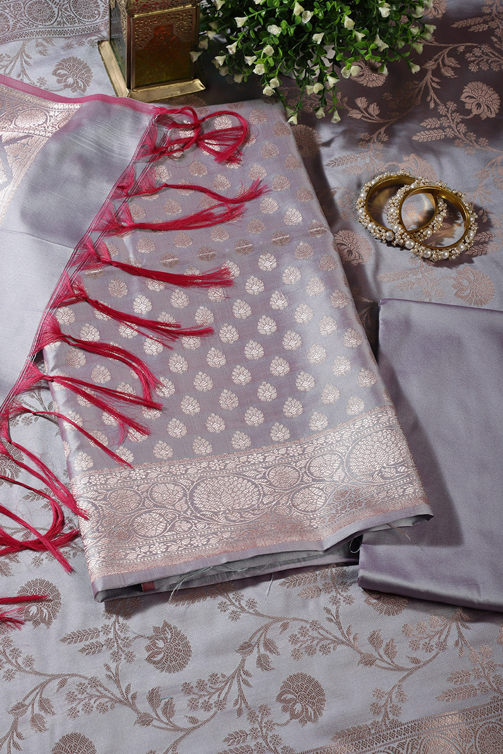 Grey Silk Buta Motifs Woven Unstitched Suit Fabric