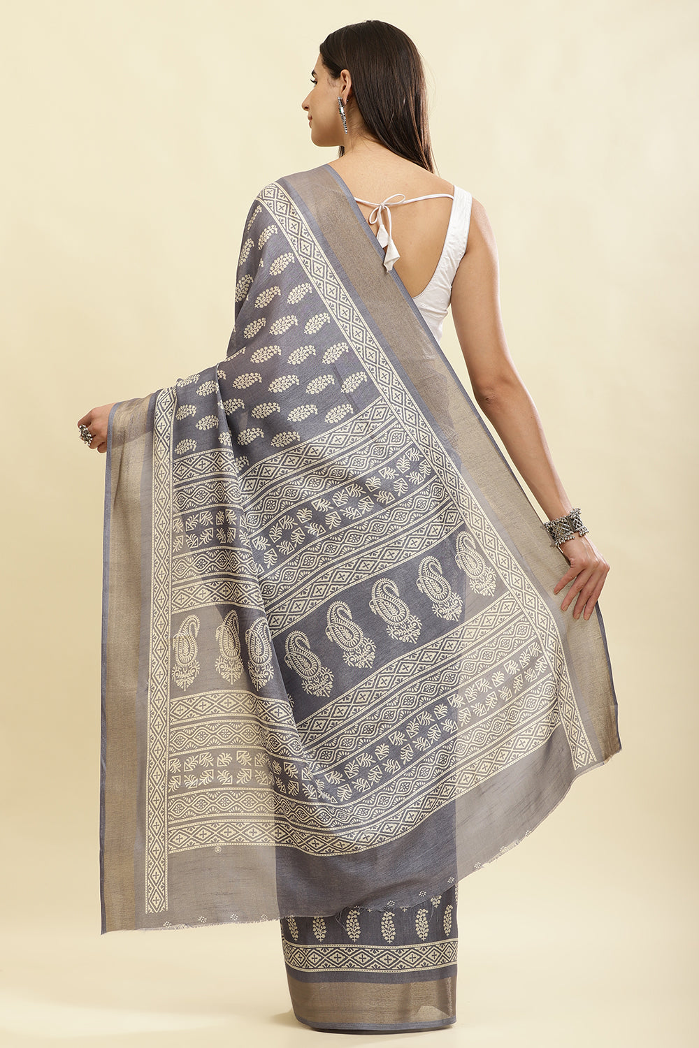 Grey Color Cotton Silk Boota Printed And Zari Woven Saree