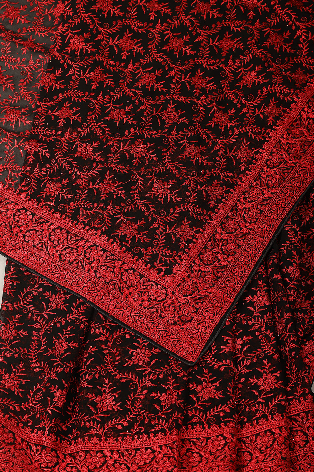 Black & Red Georgette Resham Floral Jal Woven And Swarovski Work Saree
