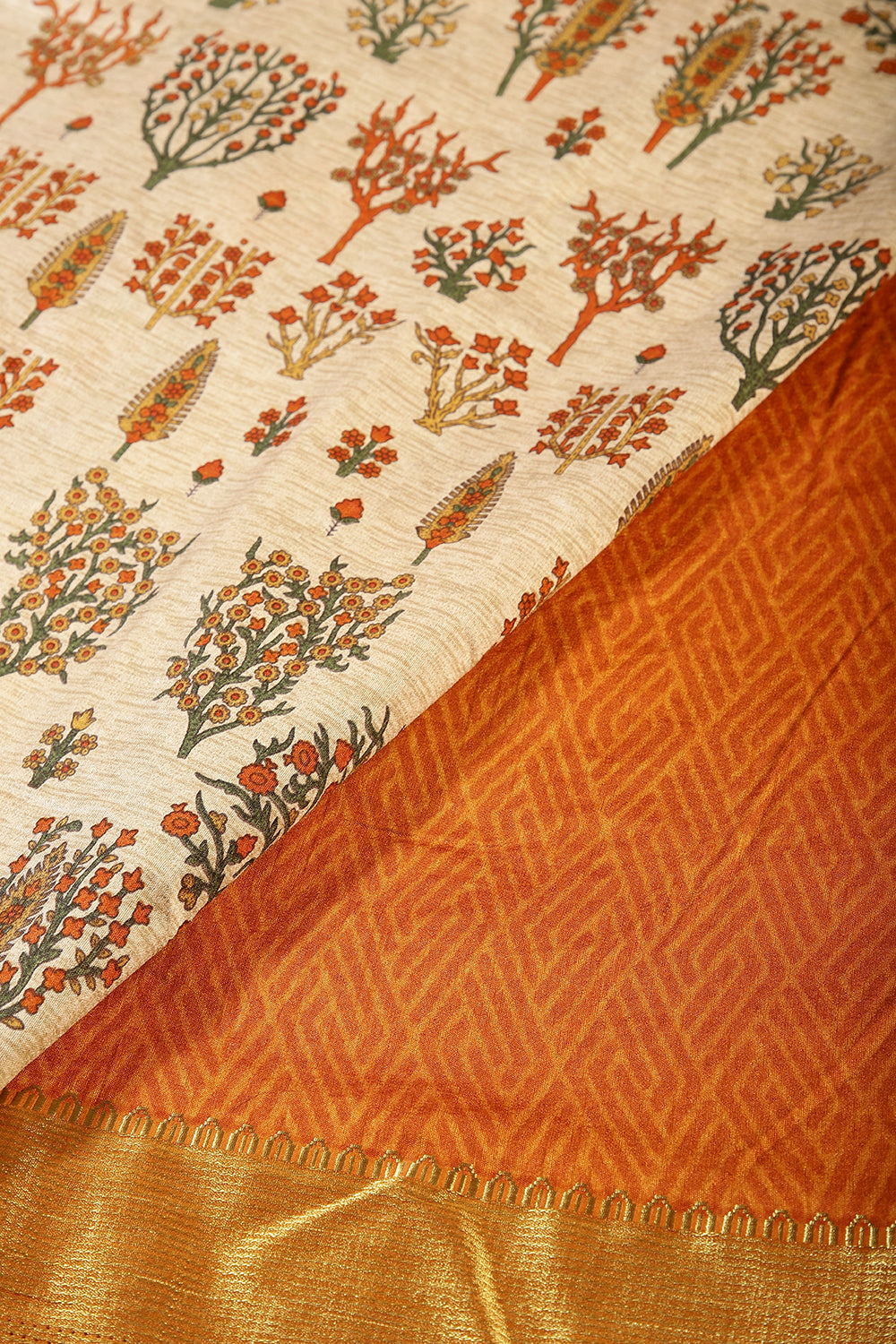 Beige & Orange Color Tree-Like Structures Printed Tussar Silk Saree