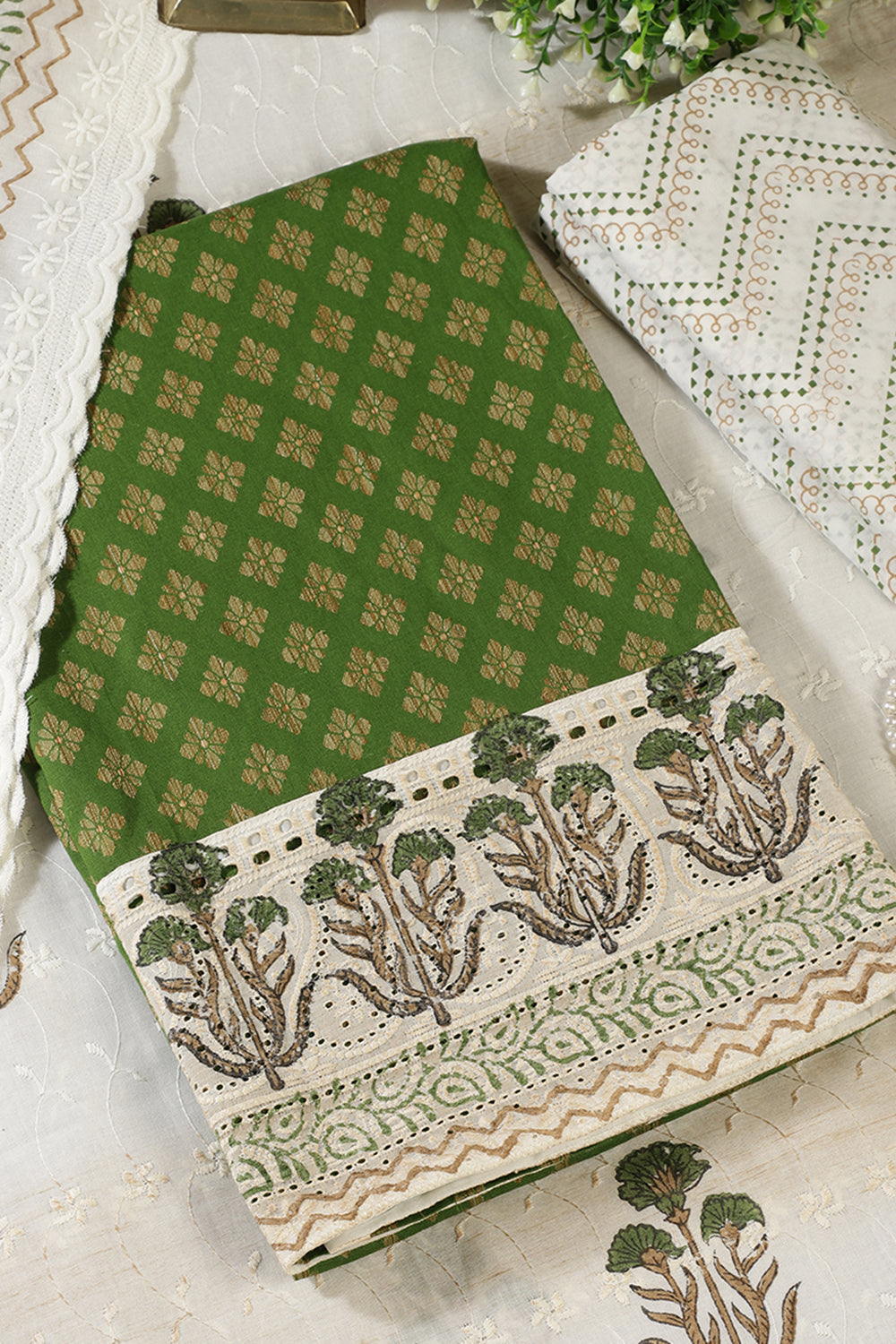 Green Cotton Woven And Lace Work Unstitched Suit Material