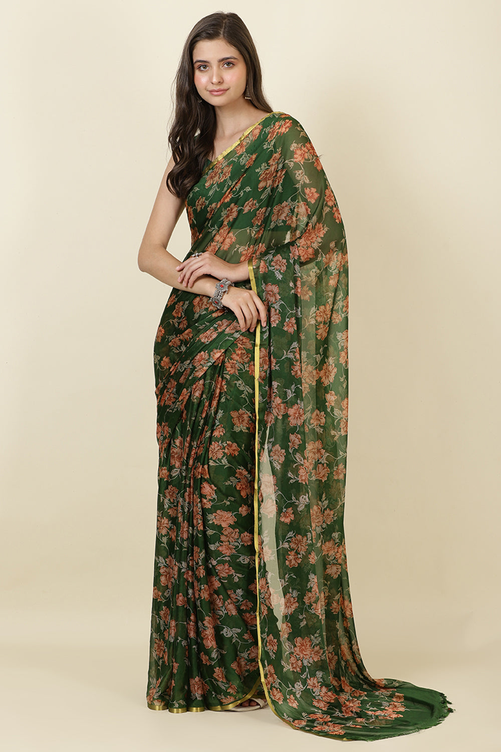 Green Zari Border & Floral Printed Chiffon Saree
