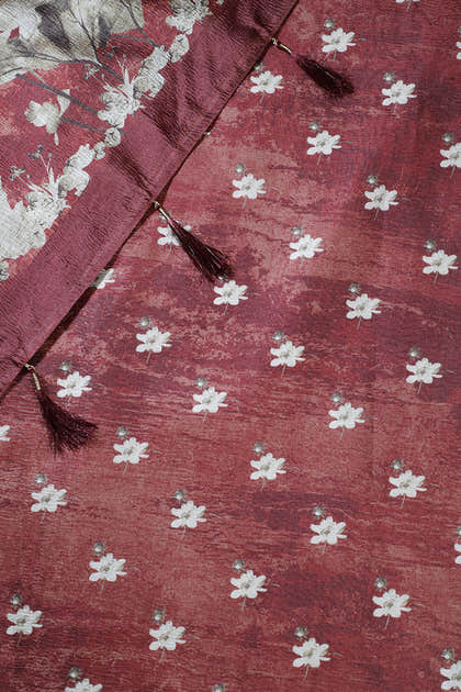Rust Tussar Silk Floral Printed Saree