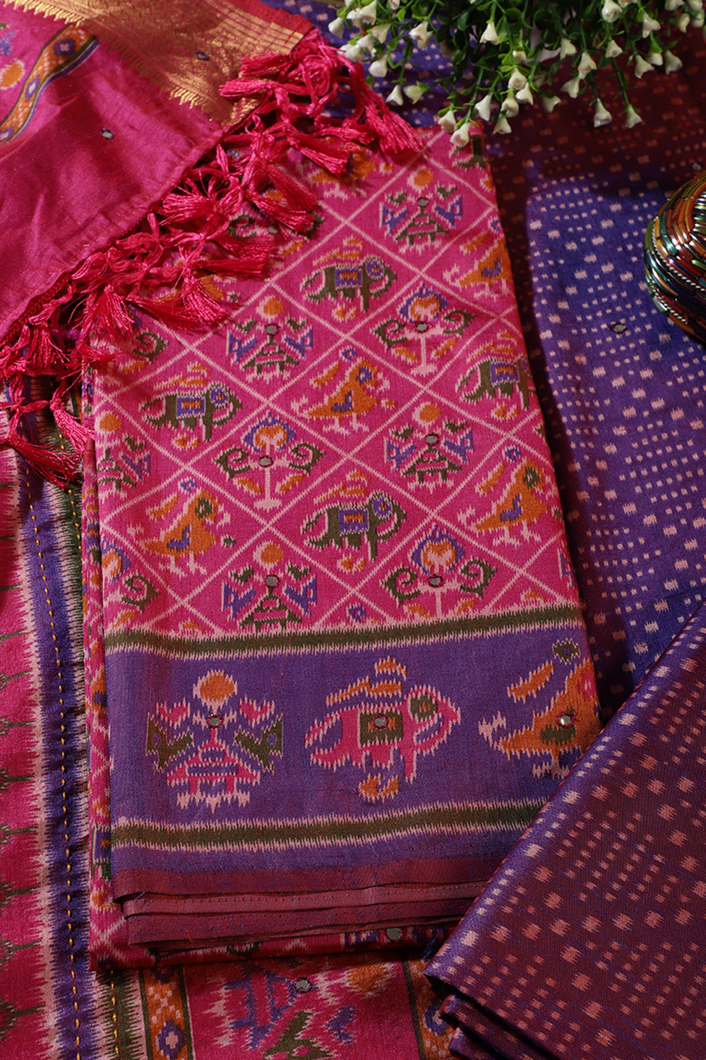 Fuchsia Crepe Silk Woven Embroidered Unstitched Suit Fabric