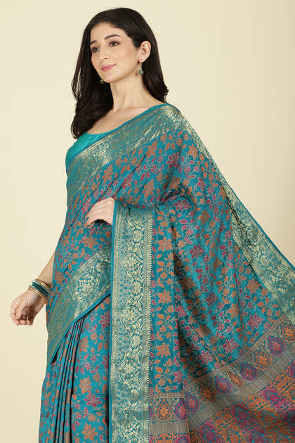 Turquoise Color Tussar Woven Silk Saree