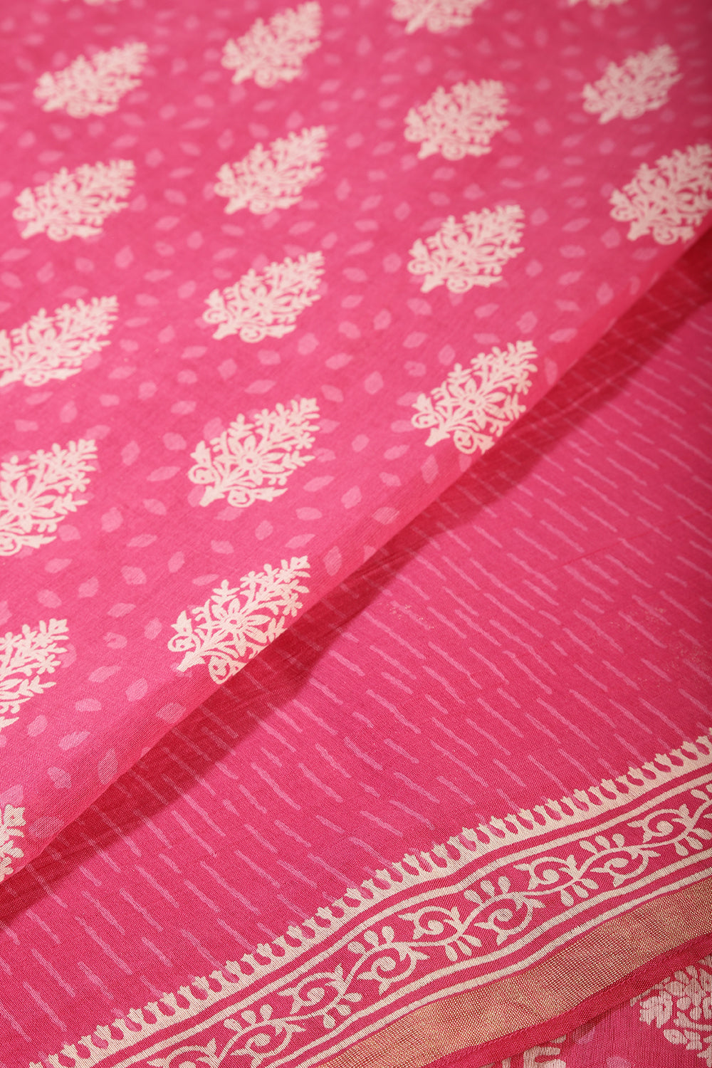 Magenta Pink Color Cotton Hand-Block Style Printed Saree