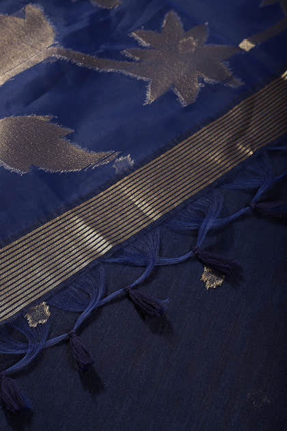 Navy Tussar Silk Floral Zari Woven Saree