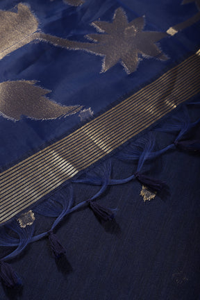 Navy Tussar Silk Floral Zari Woven Saree