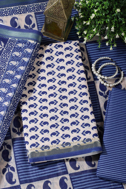Cream & Navy Cotton Dabu Block Print Unstitched Suit Material