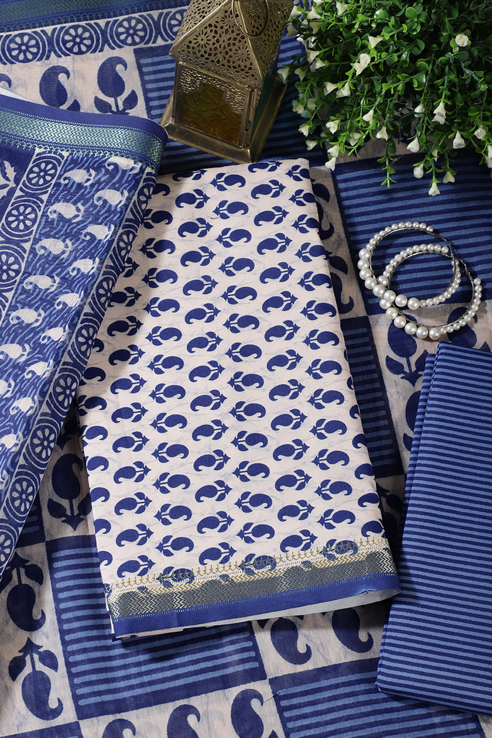 Cream & Navy Cotton Dabu Block Print Unstitched Suit Material