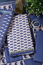 Cream & Navy Cotton Dabu Block Print Unstitched Suit Material