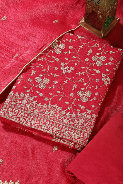 Cherry Red  Tissue Silk Zari Embroidered Unstitched Suit Material