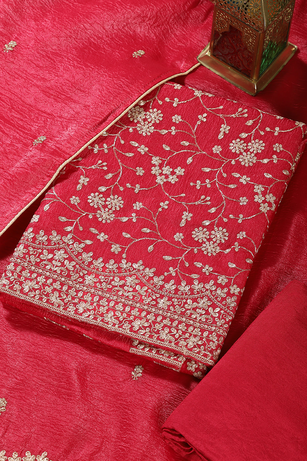 Cherry Red  Tissue Silk Zari Embroidered Unstitched Suit Material