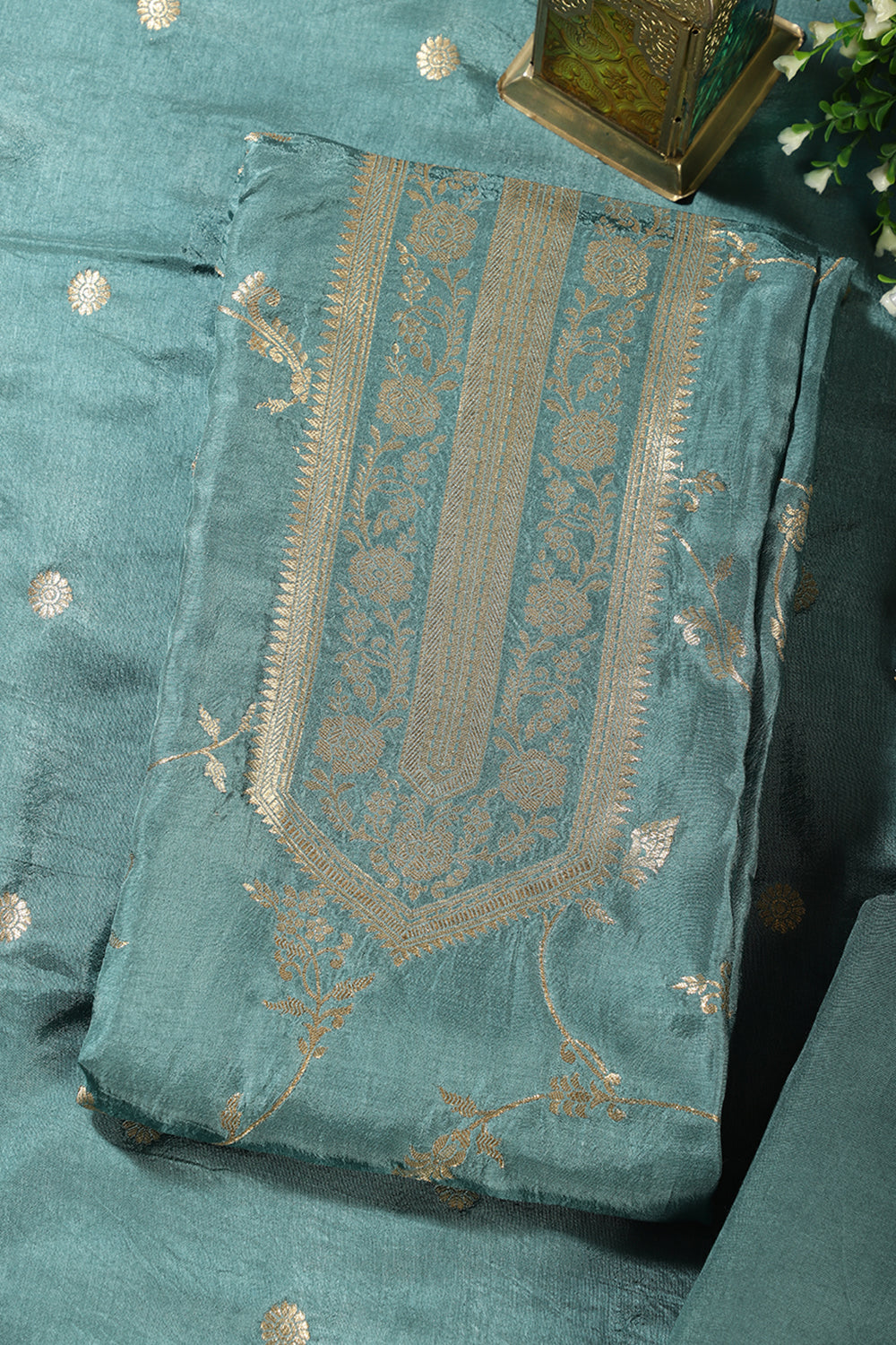 Sea Green Banarsi Floral Woven Silk Unstitched Suit