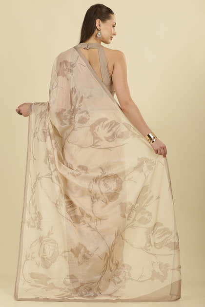 Beige Floral Zari Taar Embroidered Kota Cotton Saree
