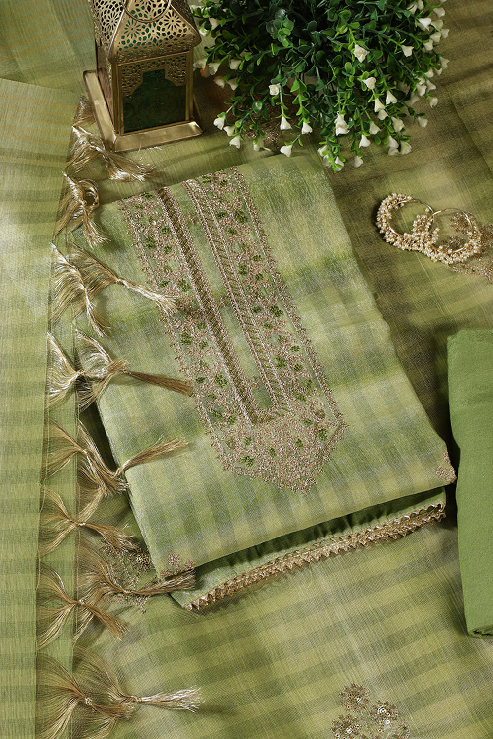 Green Tissue Silk Zari And Resham Embroidered Unstitched Suit Material