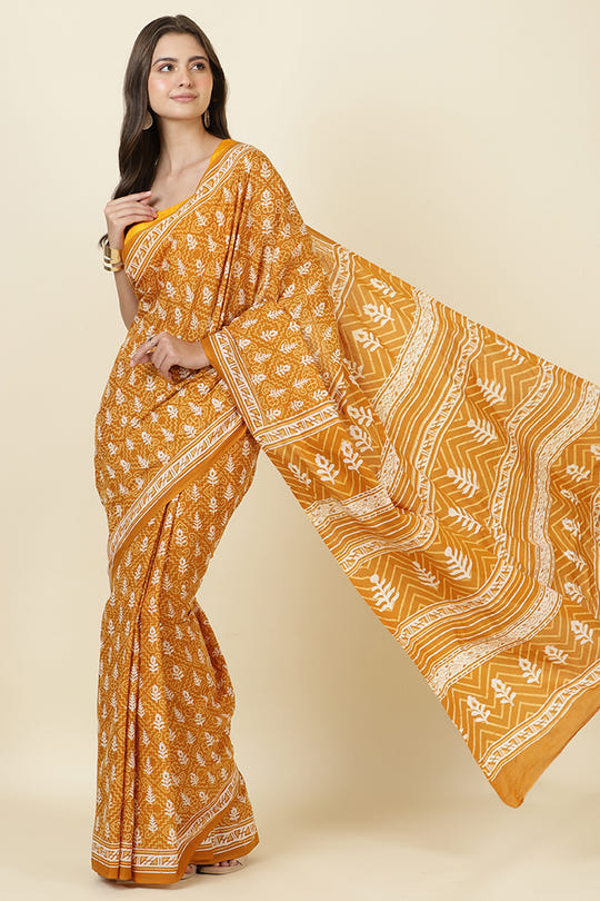 Mustard Cotton Dhabu Printed Saree