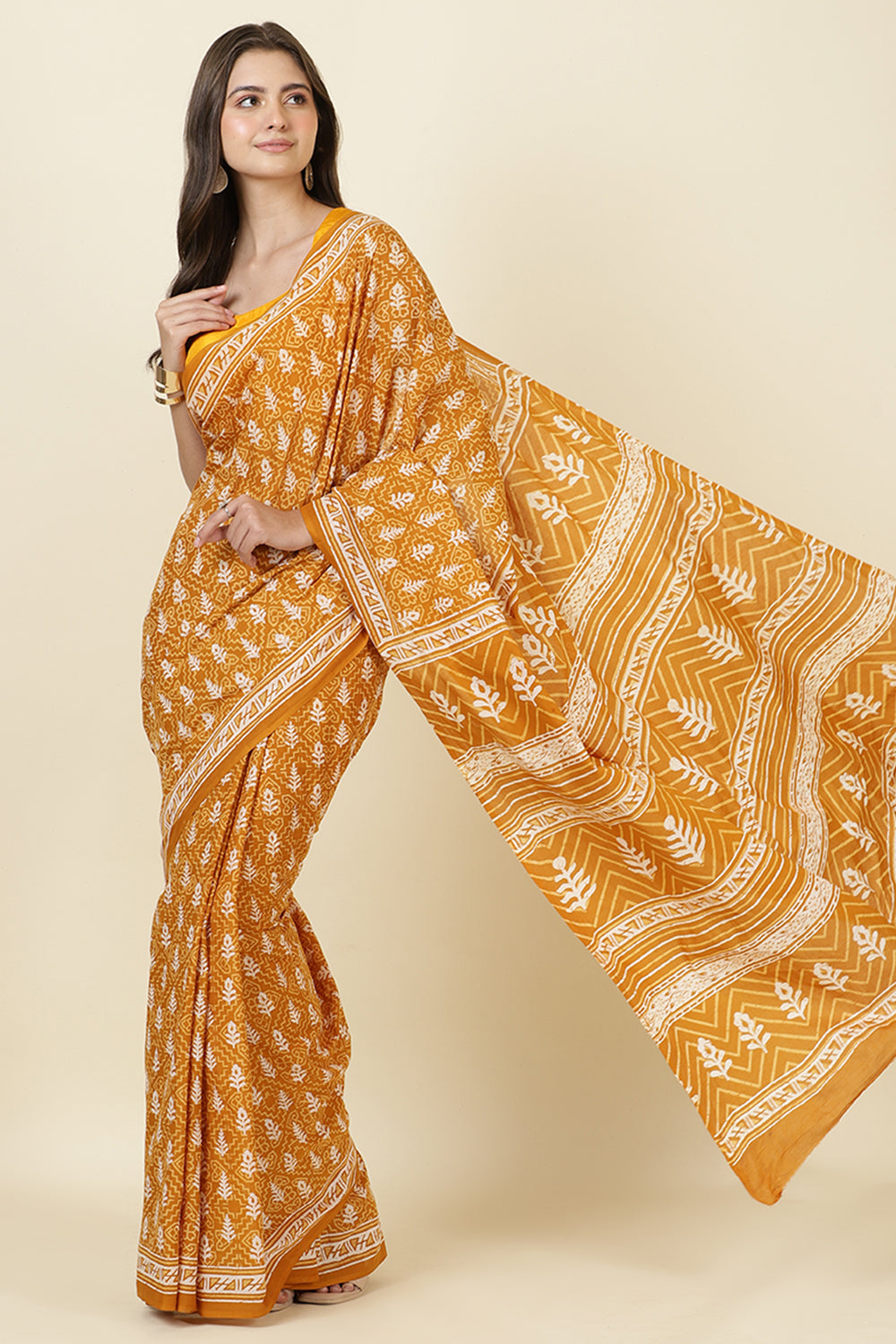 Mustard Cotton Dhabu Printed Saree