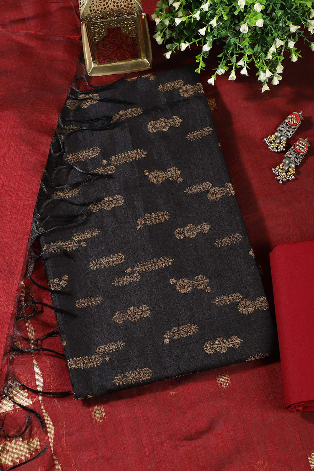 Black Chanderi Silk Woven Unstitched Suit