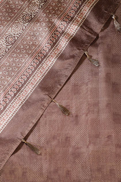 Light Brown Floral Printed Tussar Silk Saree