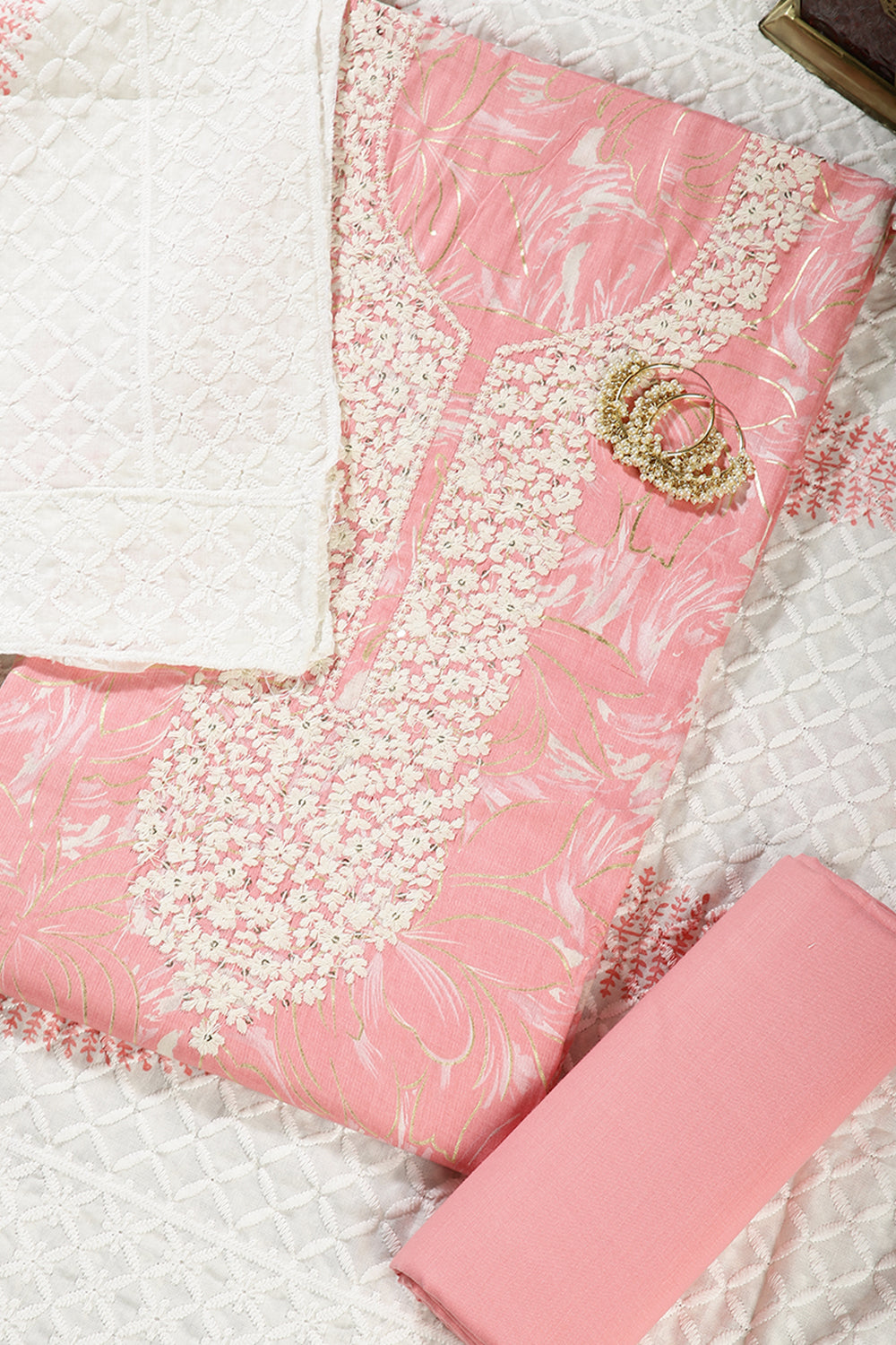 Pink Colour Cotton Printed & Resham Neck Embroidered Unstitched Suit