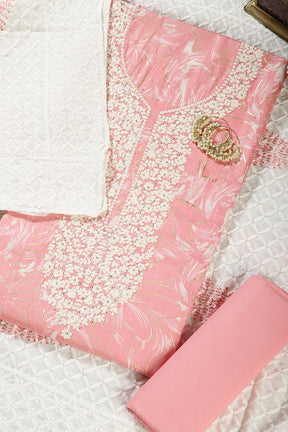 Pink Colour Cotton Printed & Resham Neck Embroidered Unstitched Suit
