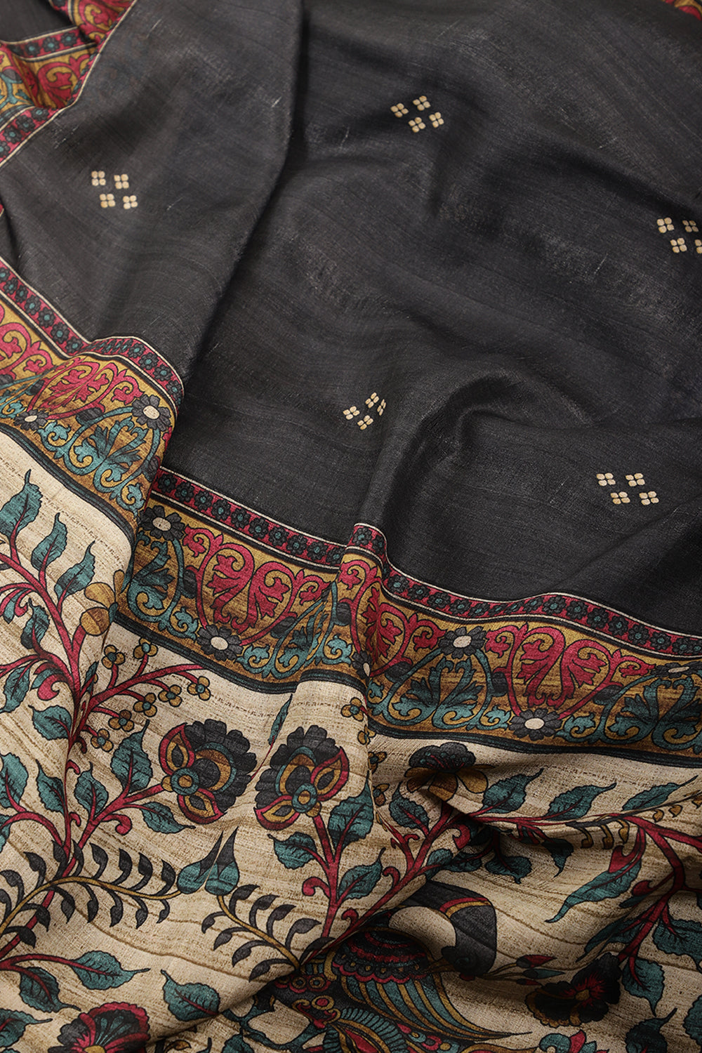 Black Madhubani Printed Tussar Silk Saree