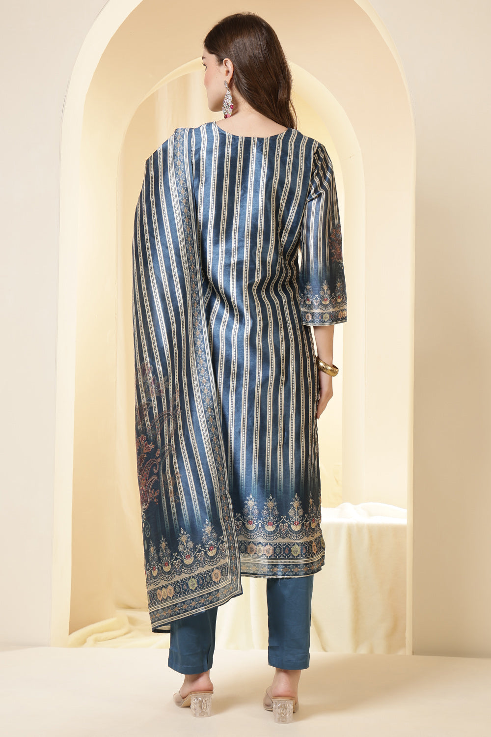 Blue Color Chanderi Silk Printed Straight Suit
