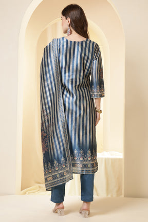 Blue Color Chanderi Silk Printed Straight Suit