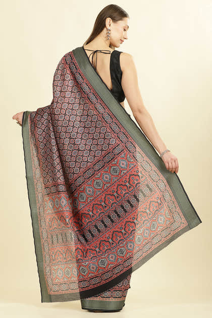 Black Ajrakh Block Printed Cotton Saree