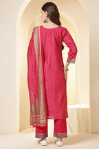 Fushia Pink Color Printed Silk Embroidered Suit Set