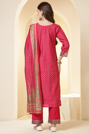 Fushia Pink Color Printed Silk Embroidered Suit Set