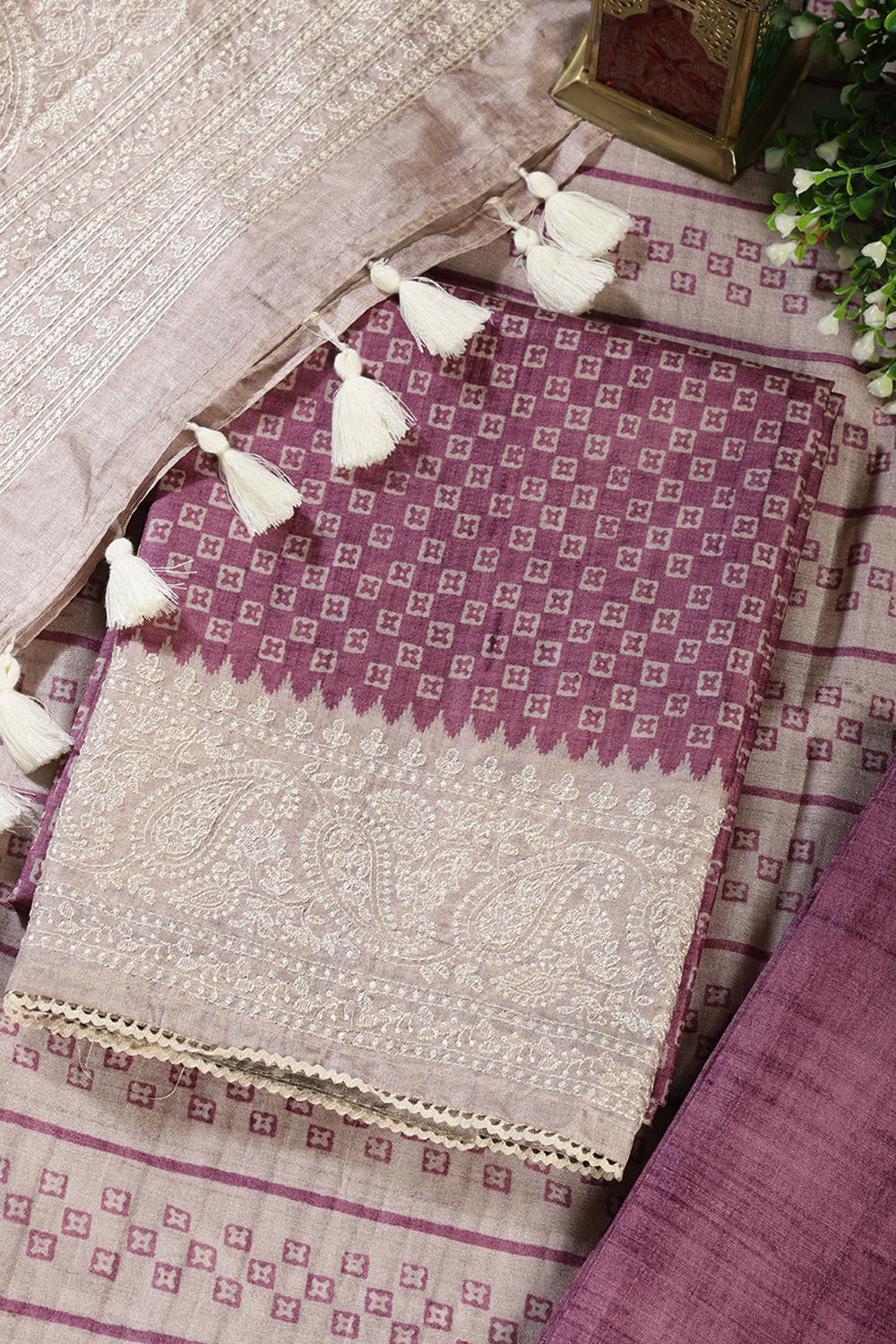 Purple Tussar Cotton Printed And Reham Embroidered Unstiched Suit Material