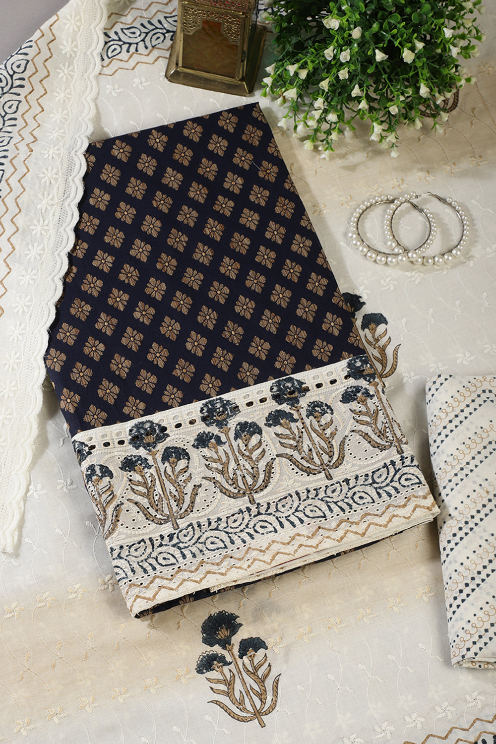 Navy Cotton Woven And Lace Work Unstitched Suit Material