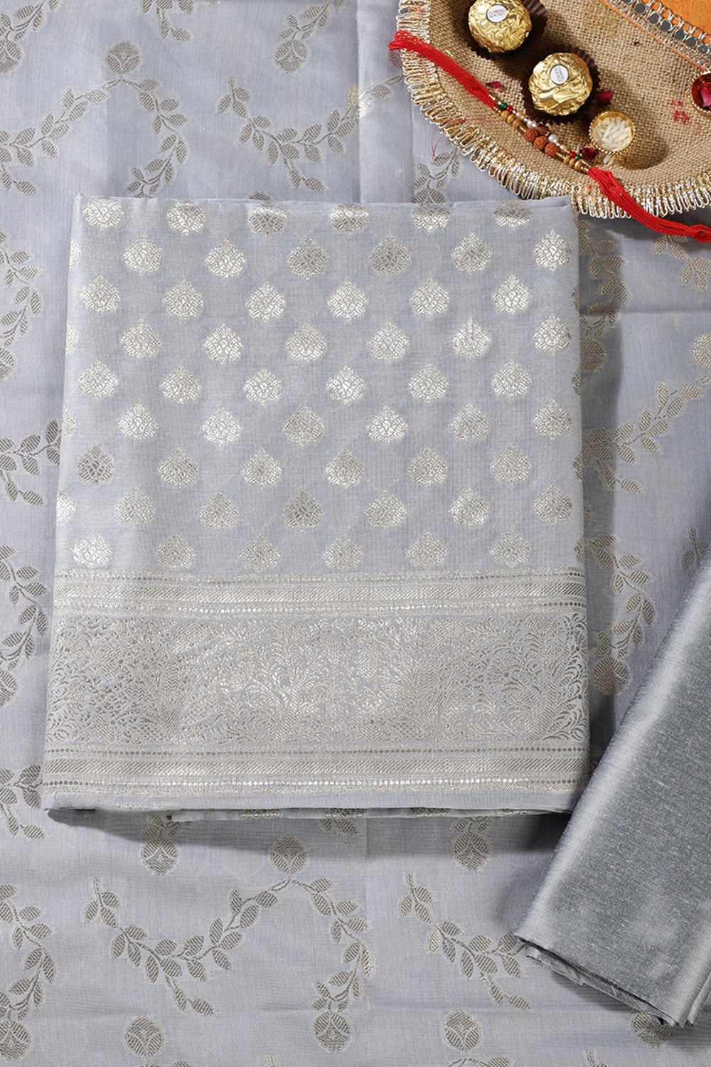 Grey Silk Zari Woven Unstitched Suit Fabric