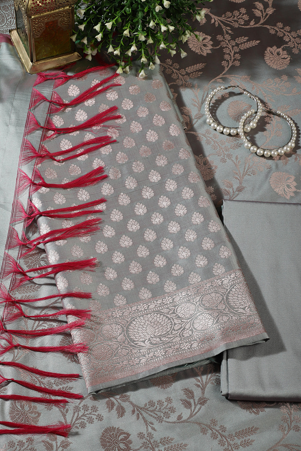 Sea Green Silk Buta Motifs Woven Unstitched Suit Fabric